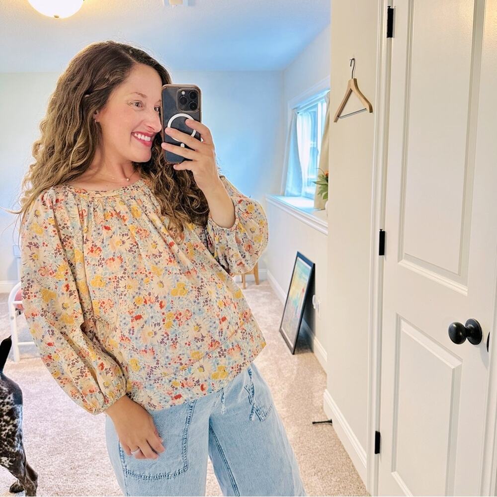 THE GREAT. Cream Pink Cotton Floral Long Sleeve Top Blouse 0 XS